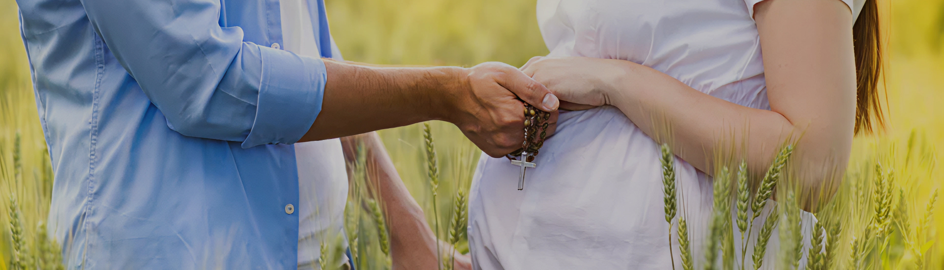 Close-up of a couple standing in a field of tall grass. One partner gently holds the other's hand over a visible pregnant belly, symbolizing support and connection during pregnancy.