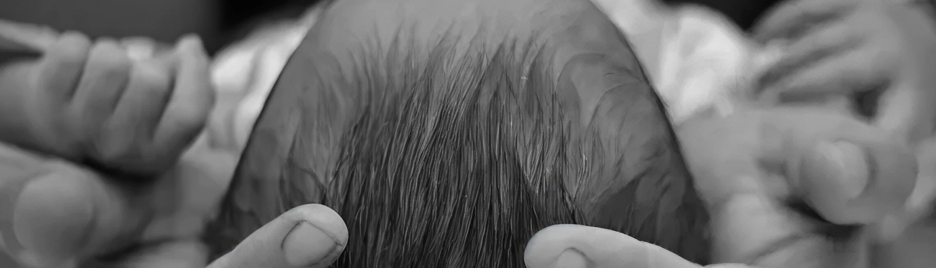 Close-up, black-and-white image of a newborn's head being gently supported by adult hands, symbolizing care, tenderness, and the fragility of new life.