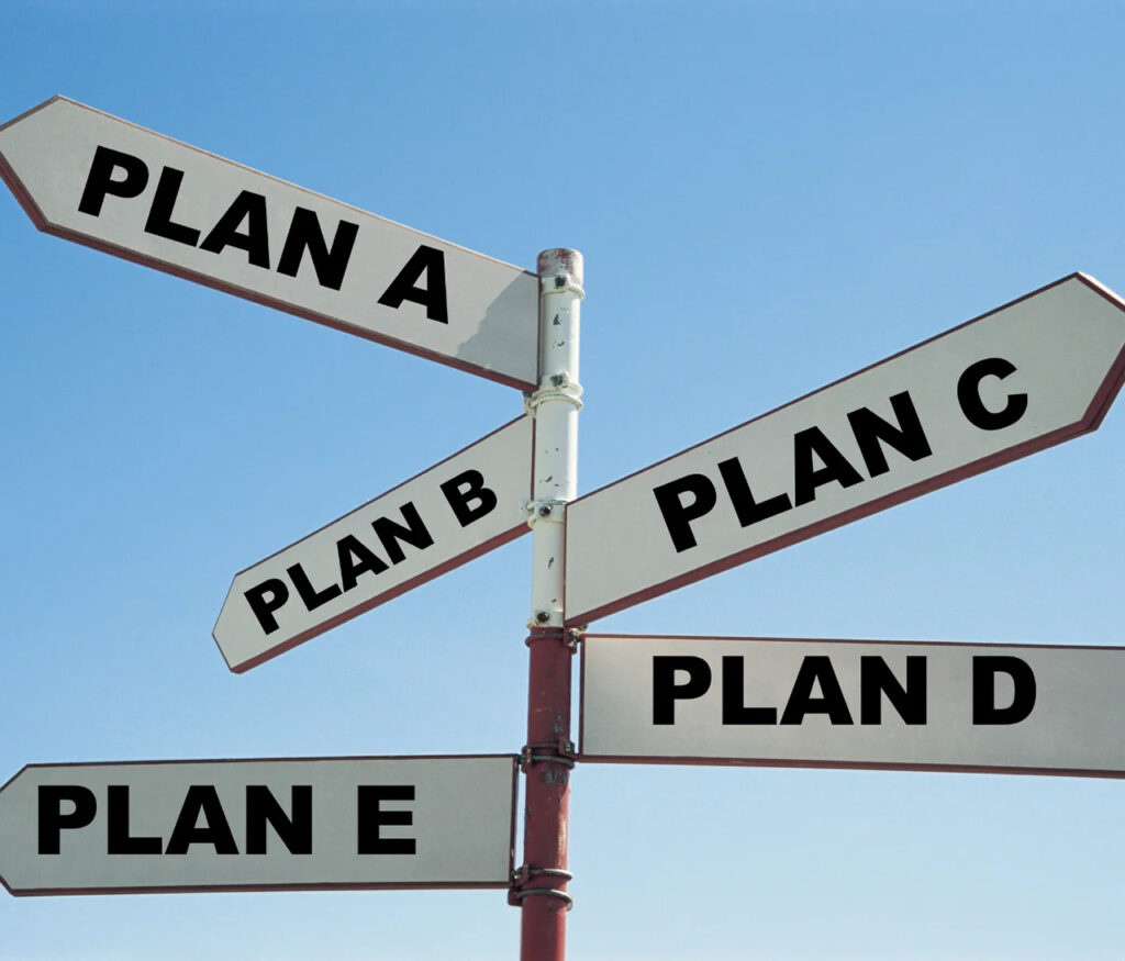 A signpost with arrows pointing in different directions labeled Plan A through Plan E—symbolizing flexibility, choice, and the many paths available on the journey to wellness and personal growth.