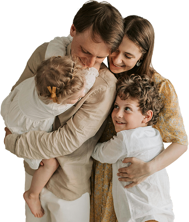 Loving family together after successful therapy for new parents, symbolizing emotional balance and bonding.