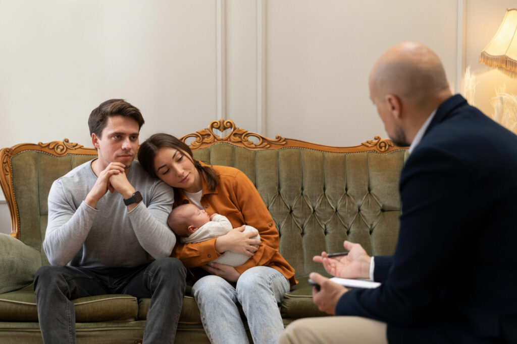 A therapist supporting new parents as they discuss challenges and bonding with their baby during therapy for new parents